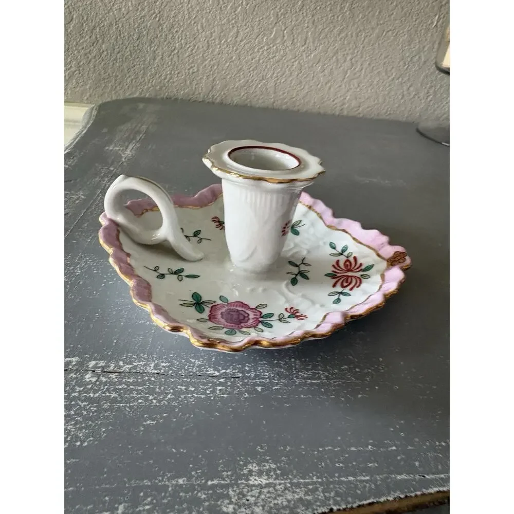 Vintage Lord & Taylor Japan Floral Chamberstick Finger Loop Candle Holder